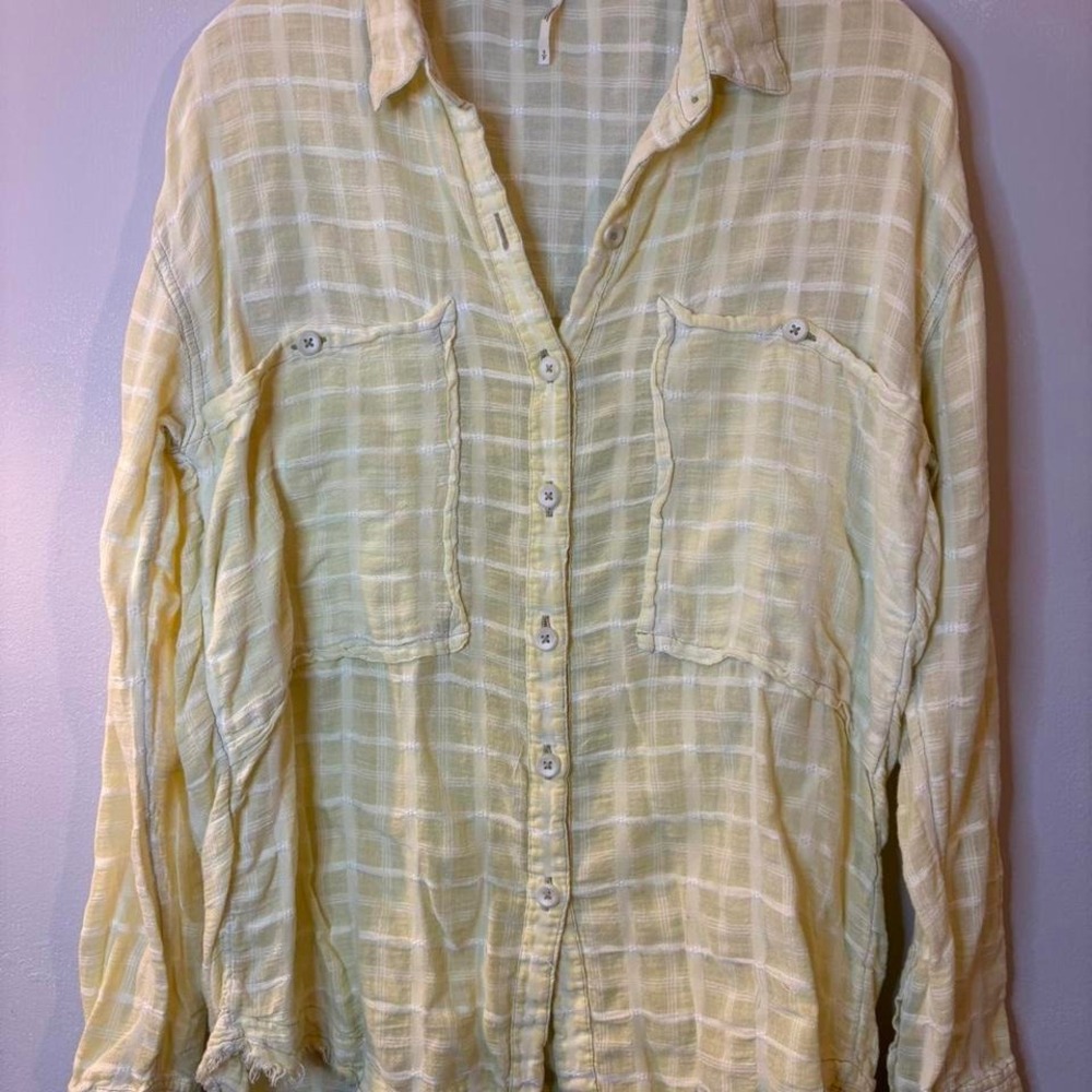 FREE PEOPLE Yellow & white plaid gauze button up
